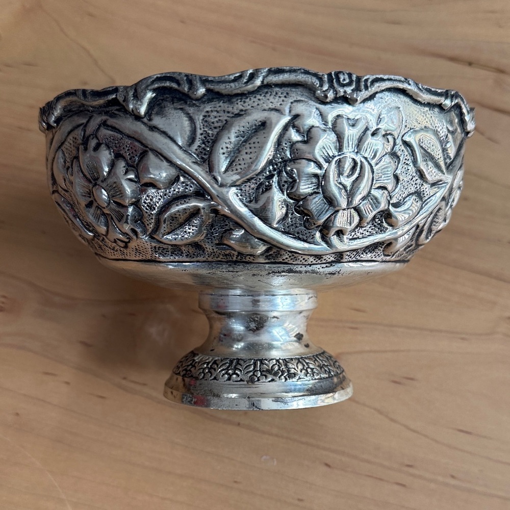 Silver-Plated Floral Embossed Pedestal Dish